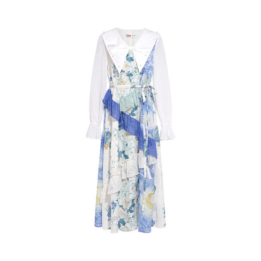 两三事梵高文艺巴黎诗集2026春新款蝴蝶结领荷叶边拼接印花连衣裙 商品图4