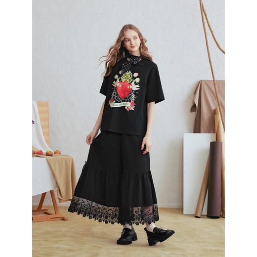 两三事梵高文艺夜车剪影2026春新款印花绑带蕾丝拼接阔腿休闲裤女 商品图2