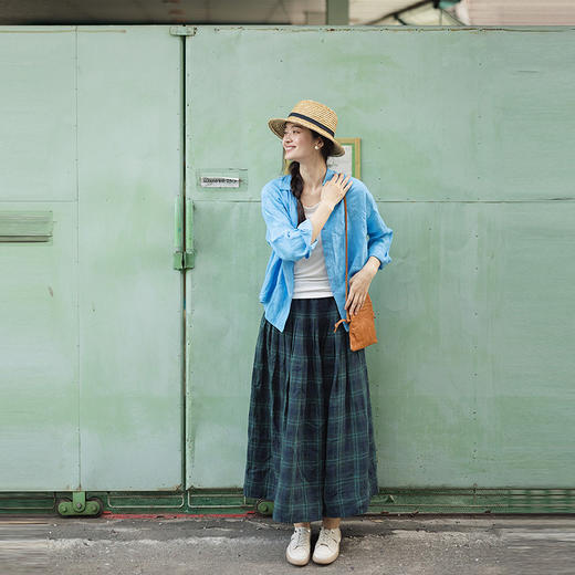 绽放107朵/色织格纹全腰松紧大摆半身裙女新款遮肉显瘦半身长裙子 商品图2