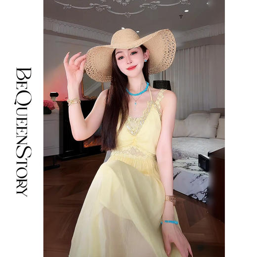 【孤品样衣，不退不换】【日暮黄水仙】高级重工手缝织带收腰皱感仙气吊带裙 商品图3