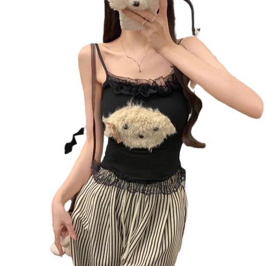 【甜美减龄❗️毛绒小狗蕾丝花边吊带背心】立体毛绒小狗贴布 + 格纹蝴蝶结，奶 fufu 的质感，自带软妹滤镜，颜值与舒适感双在线，花边短款打底上衣服L 商品图4