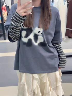 F022721新款伤心小熊条纹圆领休闲假两件套T恤