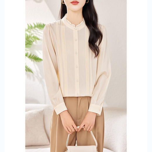 KQ-立领木耳边纯色桑蚕丝衬衫女士长袖文艺通勤简约气质百搭真丝上衣 商品图3