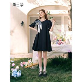 两三事欢愉记号2026春季新款条纹波点蝴蝶结波浪裙摆泡泡袖连衣裙