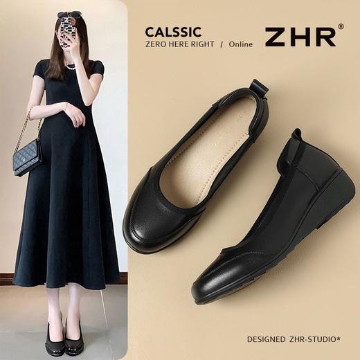 ZHR则则头层牛皮浅口单鞋软底一脚蹬妈妈单鞋真皮黑色小皮鞋通勤 商品图2