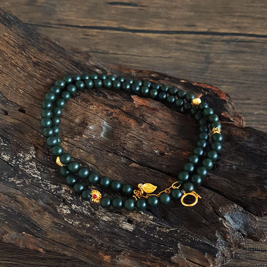 【天然正品】AU750黄金镶天然新疆料细腻塔青约6.3MM和田玉珠串手链项链两用款 链长：59CM（皆取最大值）140126NJS07 商品图2