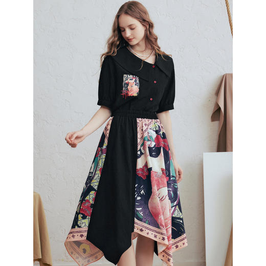 两三事 天台焰火 2026春季新款文艺风不对称翻领印花衬衫女宽松 商品图2