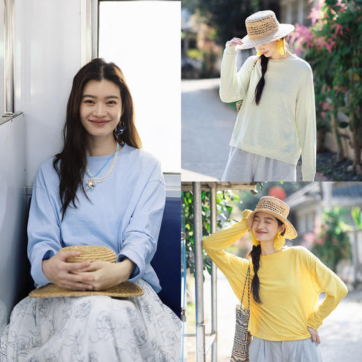 特绽放139朵/花的名字·圆领色织超细条纹落肩长袖卫衣版型T恤女 商品图0