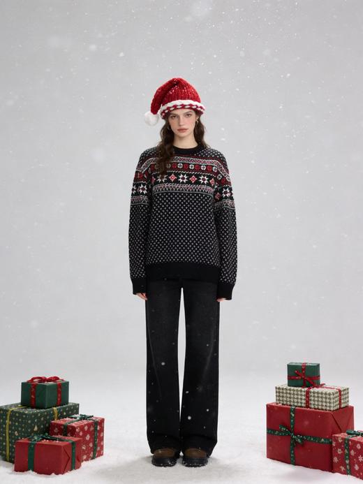 F022746黑底菱格交织红白提花限定秀款羊毛拼色毛衣针织衫 商品图7