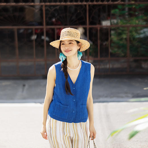 绽放126朵/粗砂亚麻V领开襟系扣马甲女新款外搭叠穿无袖上衣外套 商品图0