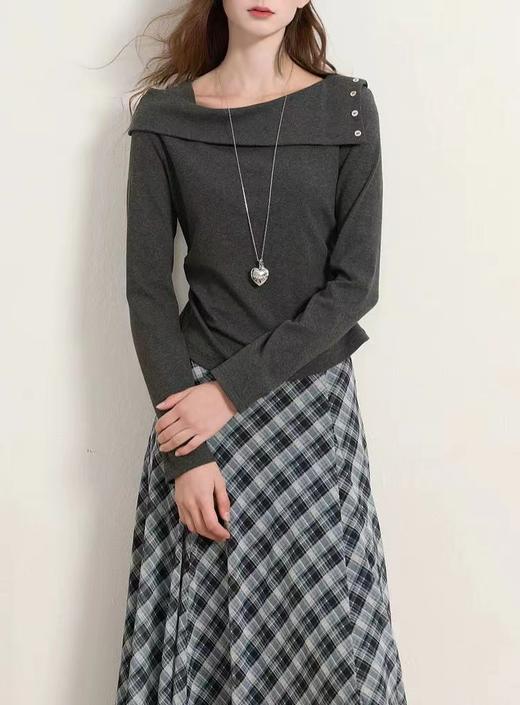 F022798春季新款长袖简约T恤套头上衣一字肩修身针织衫 商品图3