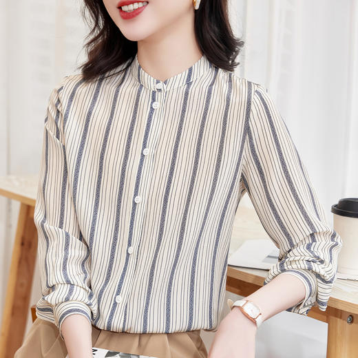 KQ-春季新款气质通勤真丝条纹衬衫长袖衬衣女士桑蚕丝设计感上衣小衫 商品图2
