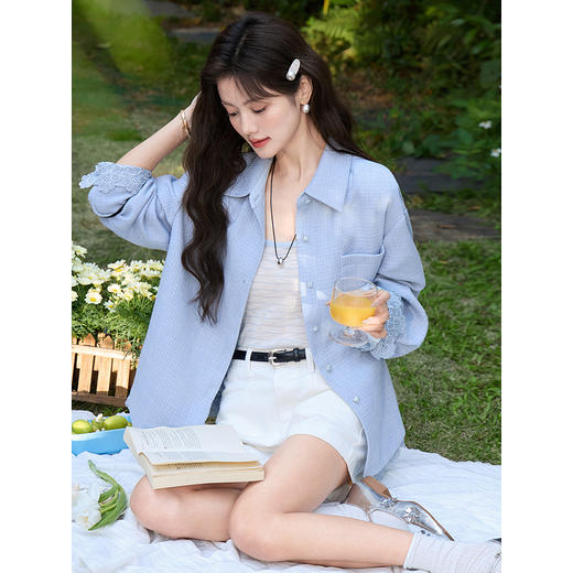 鹿向南「晴风衬蓝」设计感花边蓝色衬衫女春新款气质长恤开衫上衣 商品图4