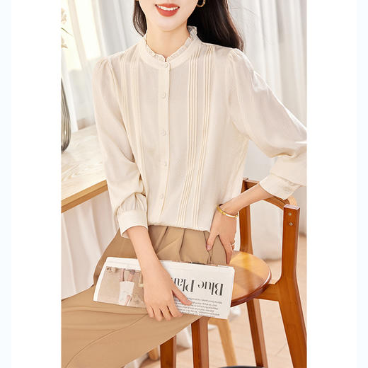 KQ-立领木耳边纯色桑蚕丝衬衫女士长袖文艺通勤简约气质百搭真丝上衣 商品图2