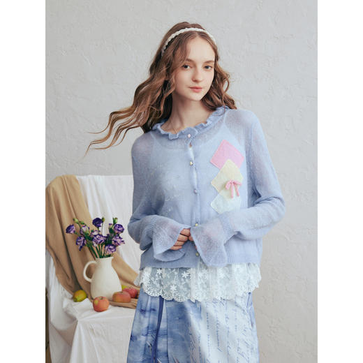 两三事梵高文艺珍珠来信2026春新款拼色菱形格刺绣薄款针织开衫女 商品图1