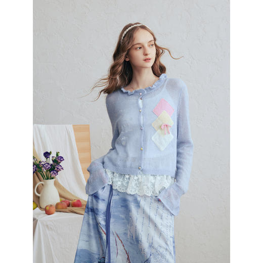 两三事梵高文艺珍珠来信2026春新款拼色菱形格刺绣薄款针织开衫女 商品图2