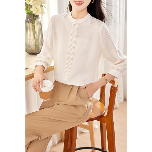 KQ-真丝长袖衬衫2026年春季新款法式圆领纯色桑蚕丝长袖白色上衣衬衣 商品图0