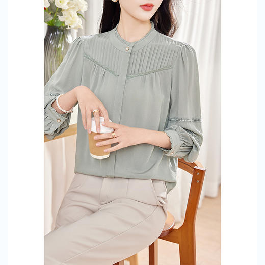 KQ-2026春季新款欧美风蕾丝细褶桑蚕丝长袖衬衫纯色设计感灯笼袖上衣 商品图1