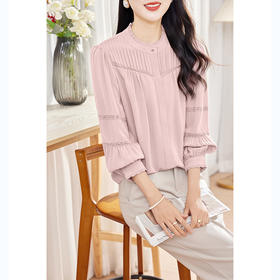 KQ-2026春季新款欧美风蕾丝细褶桑蚕丝长袖衬衫纯色设计感灯笼袖上衣