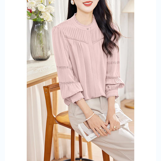 KQ-2026春季新款欧美风蕾丝细褶桑蚕丝长袖衬衫纯色设计感灯笼袖上衣 商品图0
