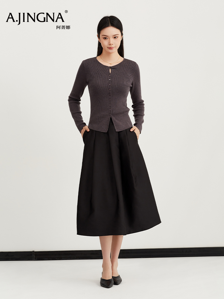 【亨利领打底】阿菁娜春季新款亨利领打底衫小圆领造型精致竖坑条纹理视觉拉长身形F31C301010