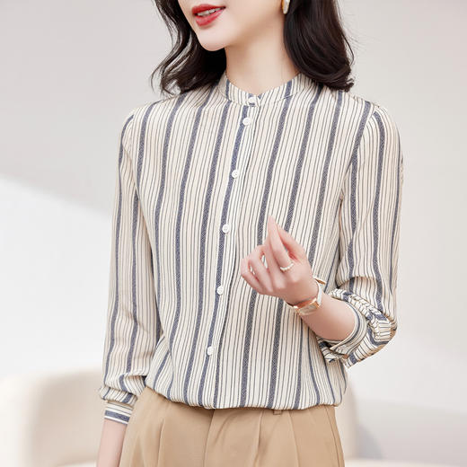 KQ-春季新款气质通勤真丝条纹衬衫长袖衬衣女士桑蚕丝设计感上衣小衫 商品图1