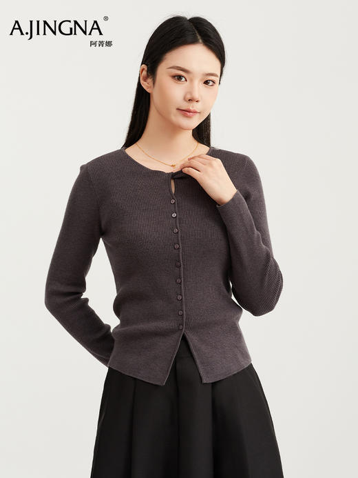 【亨利领打底】阿菁娜春季新款亨利领打底衫小圆领造型精致竖坑条纹理视觉拉长身形F31C301010 商品图2