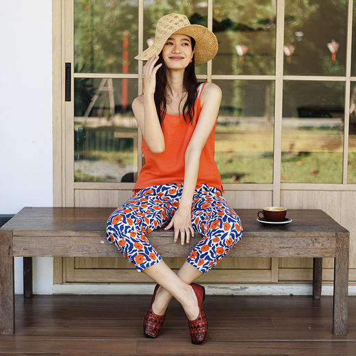 绽放103朵/亚麻底布数码印花全腰松紧显瘦九分裤设计感休闲裤女 商品图1