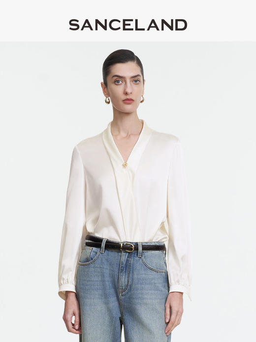 三石一澜SANCELAND桑蚕丝素绉缎V领衬衣SK11101025 商品图2