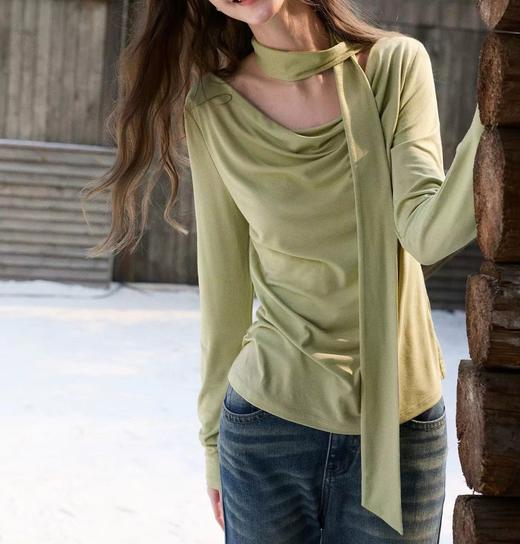 F022728春季新款荡领T恤休闲长袖修身飘带上衣 商品图1