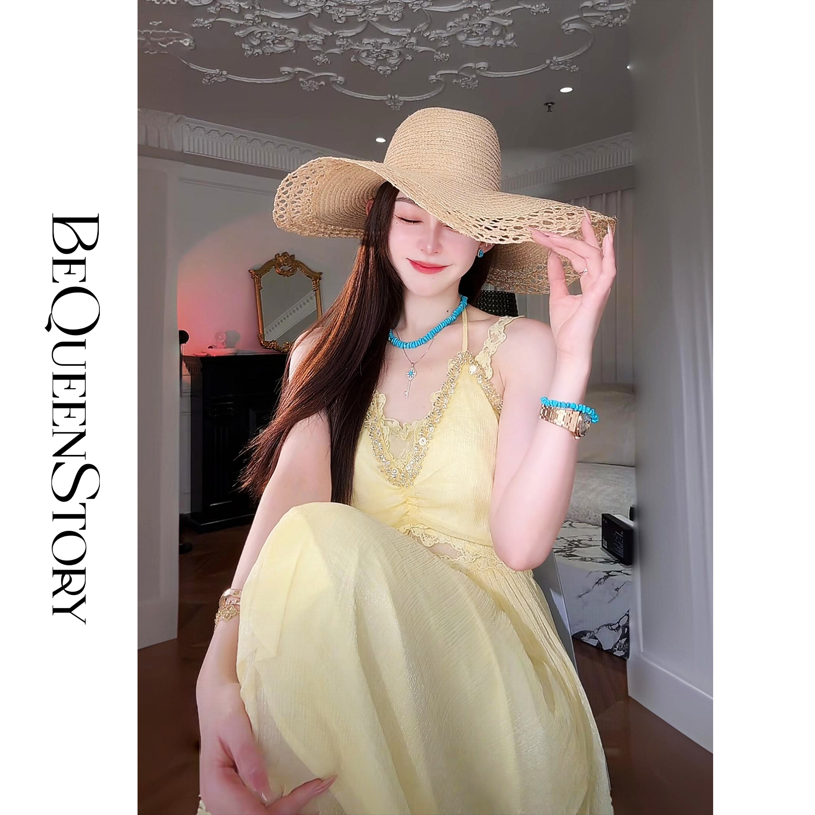 【孤品样衣，不退不换】【日暮黄水仙】高级重工手缝织带收腰皱感仙气吊带裙