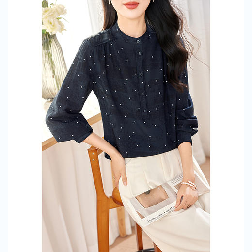KQ-2026年春季桑蚕丝新款小复古气质立领波点设计感上衣长袖宽松衬衫 商品图1