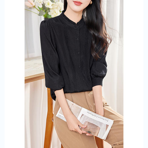 KQ-立领木耳边纯色桑蚕丝衬衫女士长袖文艺通勤简约气质百搭真丝上衣 商品图0
