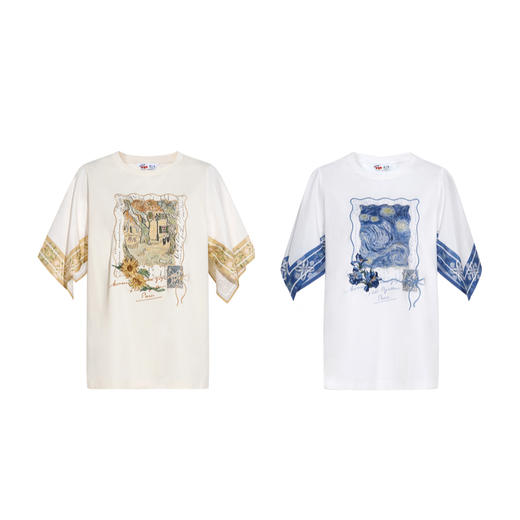 两三事梵高文艺风铃纸鸢2026春新款小清新印花不规则袖t恤女宽松 商品图4