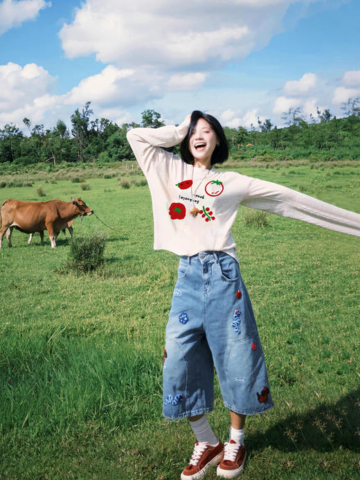 【YW】无忧购韩系Ins风女款可爱百搭卡通字母印花长袖t恤（截单后7天发货) 商品图1