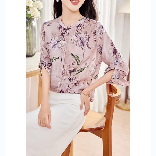 KQ-印花桑蚕丝衬衫女2026春季新款时尚洋气宽松减龄粉色真丝长袖上衣 商品图0