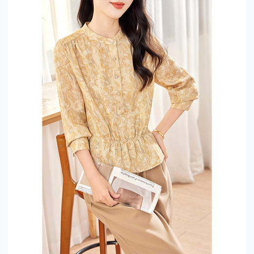 KQ-2026春季新款桑蚕丝长袖衬衫套头印花大码真丝气质休闲上衣 商品图2