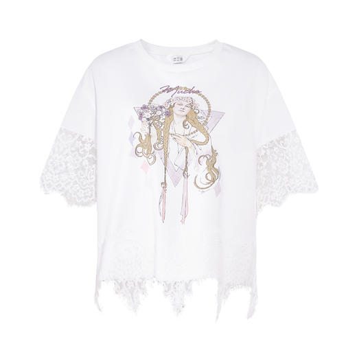 两三事 行云旅途 2026春季新款复古人物印花蕾丝拼接t恤女宽松 商品图4