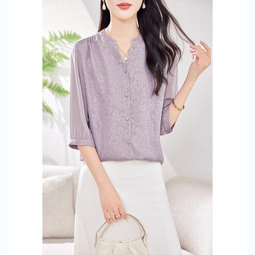 KQ-夏款2026年新款时尚休闲纽扣开衫女装五分袖紫色桑蚕丝衬衫 商品图1