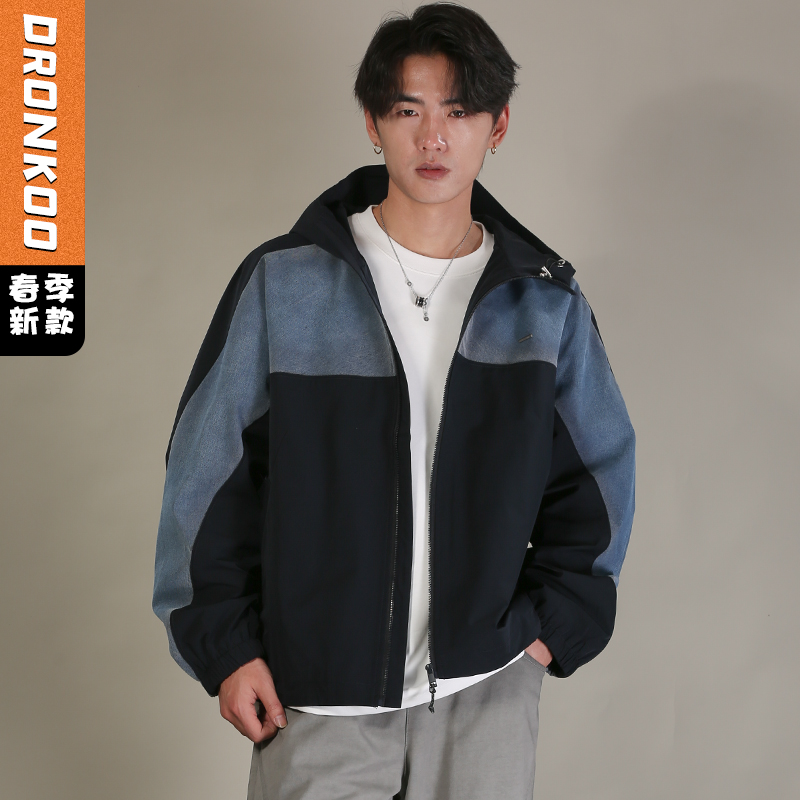 DRONKOO 2026 连帽前后拼接牛仔微阔中厚夹克