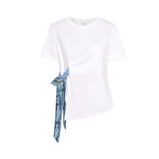 两三事 背影季风 2026春季新款休闲印花绑带白色短袖t恤女 商品图4