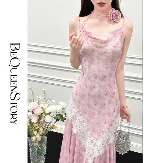 【孤品样衣，不退不换】【胭脂花落】轻奢原创手绘晕染印花荡领收腰吊带连衣裙 商品图2