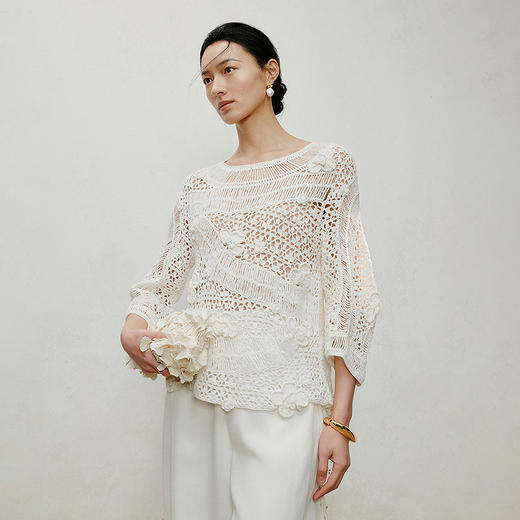 【林栖设计小店】手工钩花|白色镂空肌理2026夏新款优雅套头上衣1962061 商品图0
