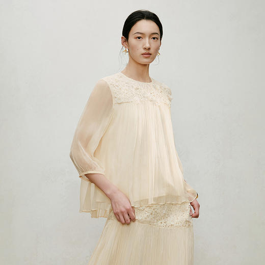 【林栖设计小店】手工钉花|优雅多色刺绣蕾丝镂空百褶2026夏新款真丝衫1962138 商品图6