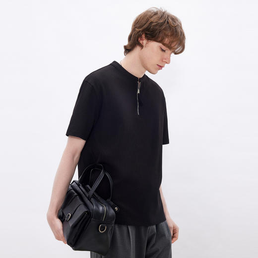 gxgjeans男装 黑色半拉链宽松华夫格休闲立领短袖t恤男26夏新品 商品图2