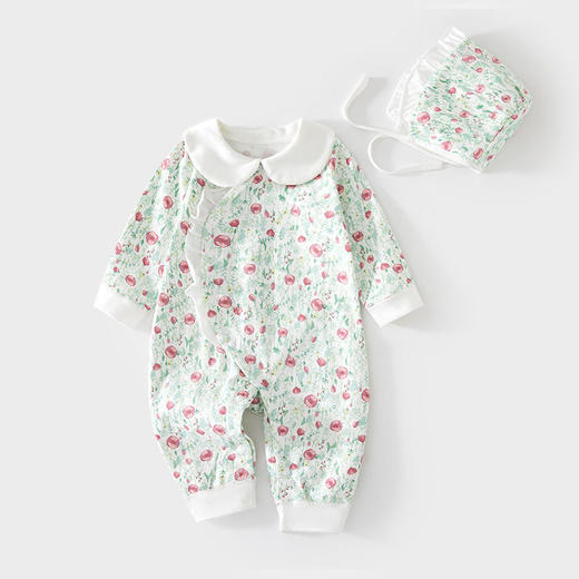 婴儿连体衣女宝宝新生儿无骨春秋纯棉哈衣送帽子婴幼儿童装爬服 商品图2
