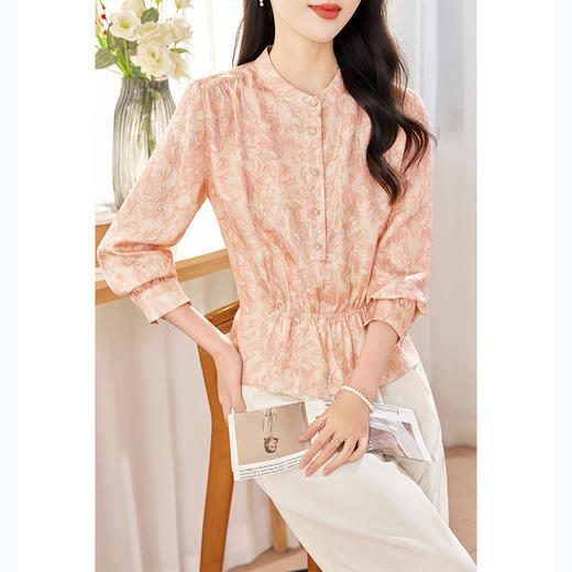 KQ-2026春季新款桑蚕丝长袖衬衫套头印花大码真丝气质休闲上衣 商品图0