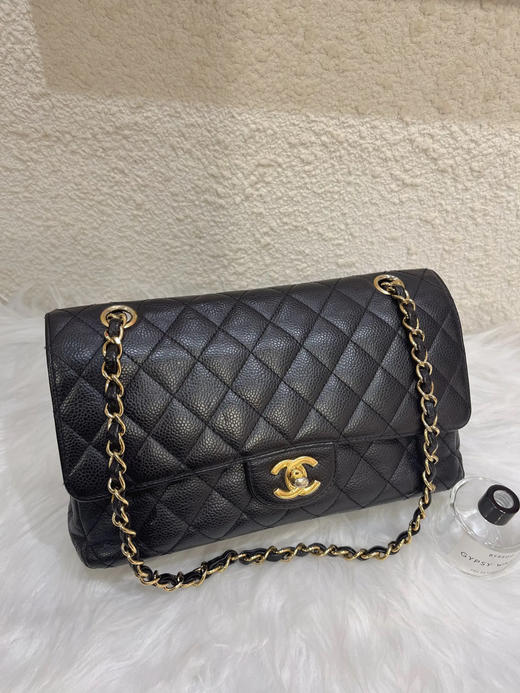 Chanel cf 中号 黑金 荔枝纹牛皮 翻盖包 商品图0