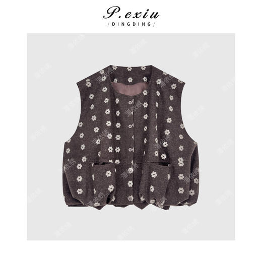 人丝复古老钱花朵印花无袖马甲休闲裤套装 W-63703 商品图1