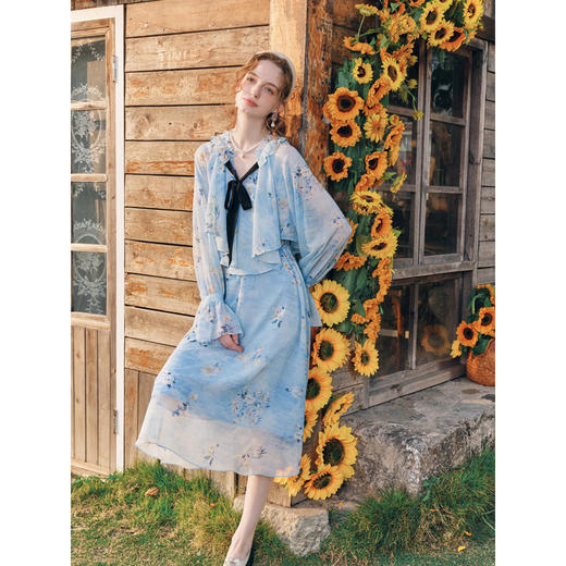 两三事 独占心扉 2026春季新款温柔风荷叶边泡泡袖绑带印花连衣裙 商品图1